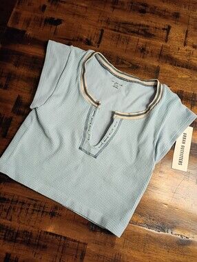 Urban Outfitters Pale Blue Ribbed Short Sleeve Top with Contrast Trim
